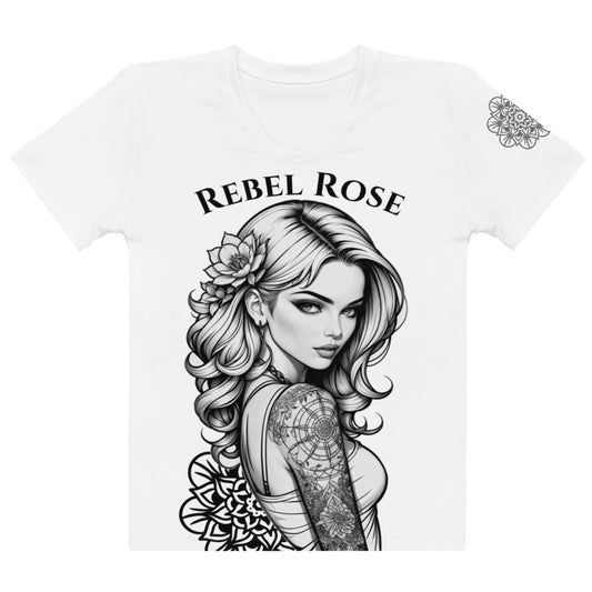 Women's white t-shirt with a detailed black and white inked portrait of a woman with a rose, symbolizing a mix of rebellion and elegance.